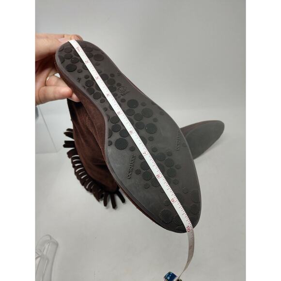 Jimmy Choo Brown Suede Fringed Gold Logo Moccasin Boots EU 37.5 Mid Calf Boho 7M - Picture 7 of 9